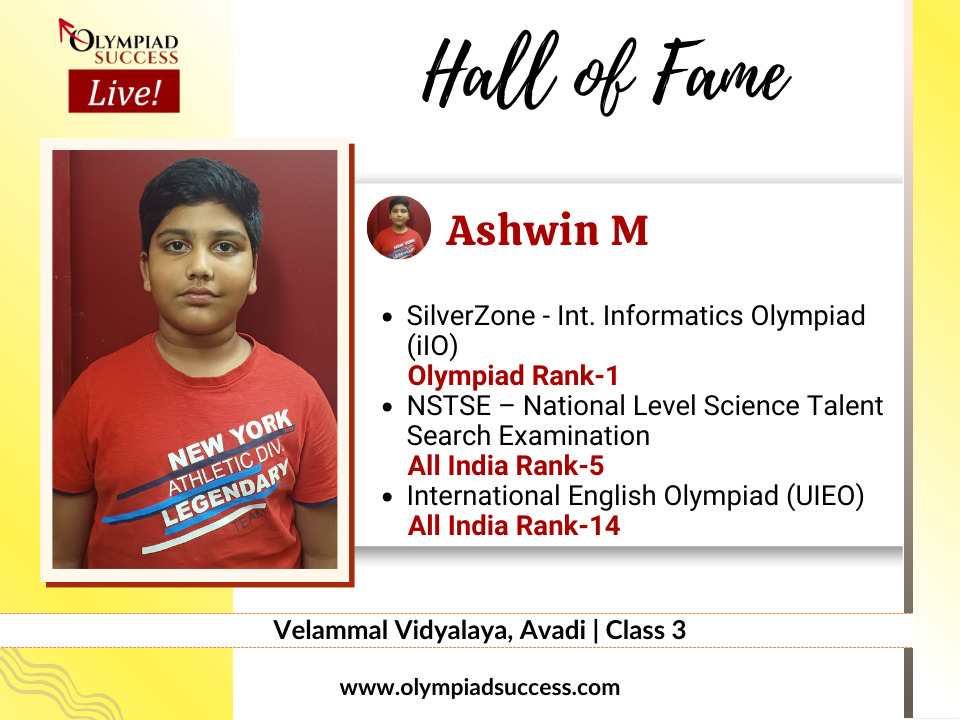 Ashwin M secured International Rank in Silverzone - International Informatics Olympiad (ilO)